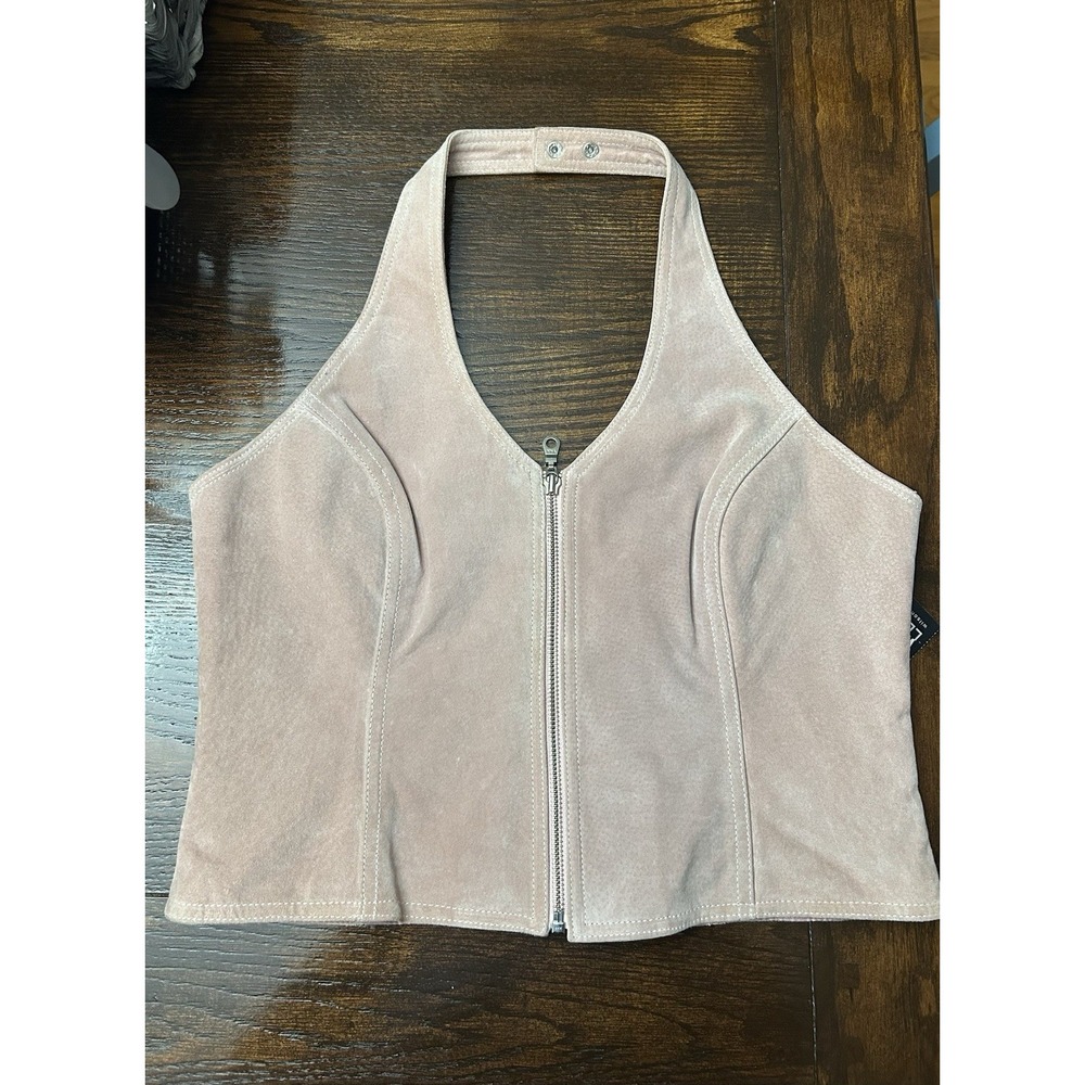 NWT Blush Pink Wilson Leather Halter Zip Front Bustier Vest Top Womens Size L